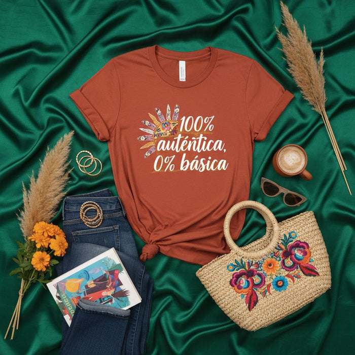100% auténtica, 0% básica - Camiseta Unisex con Diseño Floral Inspirado en Girasol - Regalo para Mujer Auténtica y Orgullosa - Estilo Boho Mexicano Bordado Mexicada