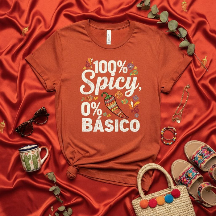 100% Spicy, 0% Básico T-Shirt Unisex Cinco de Mayo Latinx Heritage Month Funny Pepper Chili Graphic Tee Shirt for Men Women Hispanic Culture Gift Mexicada