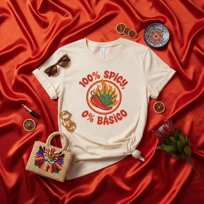 100% Spicy 0% Básico T-Shirt, Unisex Graphic Tee with Chili Pepper and Agave Plant, Funny Spanglish Latina Shirt, Mexican Culture Gift Idea, Retro Orange and Green Design Mexicada