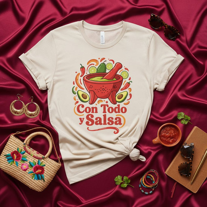 Con Todo y Salsa T-Shirt Mexican Food Lover Tee Molcajete Design Avocado Chile Peppers Spicy Kitchen Humor T-Shirt Salsa Enthusiasts Cinco de Mayo Gift Idea