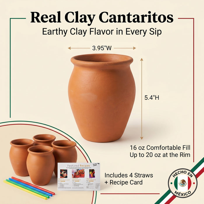 Tazas de barro natural artesanales mexicanas auténticas (Cantaritos Jarros) | Sin plomo, sin esmaltar, 16 oz