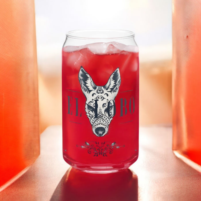 El Lobo Exclusive Art Piece Can-Shaped Glass Home Office Work Mexican Spanish Pride Gift Cup One-Of-A-Kind Calligraphy Glass | E8