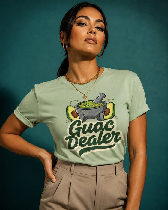 T-shirt Guac Dealer, T-shirt drôle pour créateur de guacamole à l'avocat, cadeau pour amateur de cuisine mexicaine, vêtement unisexe avec jeu de mots sur la cuisine et graphique de molcajete