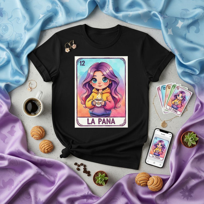 LA PANA Loteria Card Chibi Girl T-Shirt, Cute Aesthetic Latina Graphic Tee, Number 12 Mexican Bingo Game Design, Purple Hair Coffee Cup Gift for Her or Him