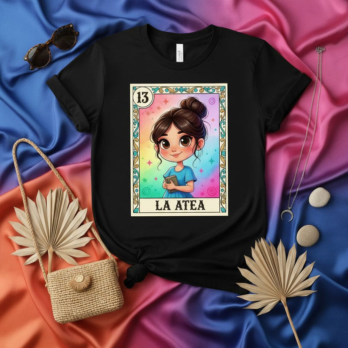 LA ATEA - Cute Rainbow Atheist Loteria Card Graphic Tee for Women & Men, Number 13 Mexican Bingo Inspired Unisex T-Shirt Gift, Dark Academia Style, Brown Hair Girl Art, Kawaii Aesthetic Clothing