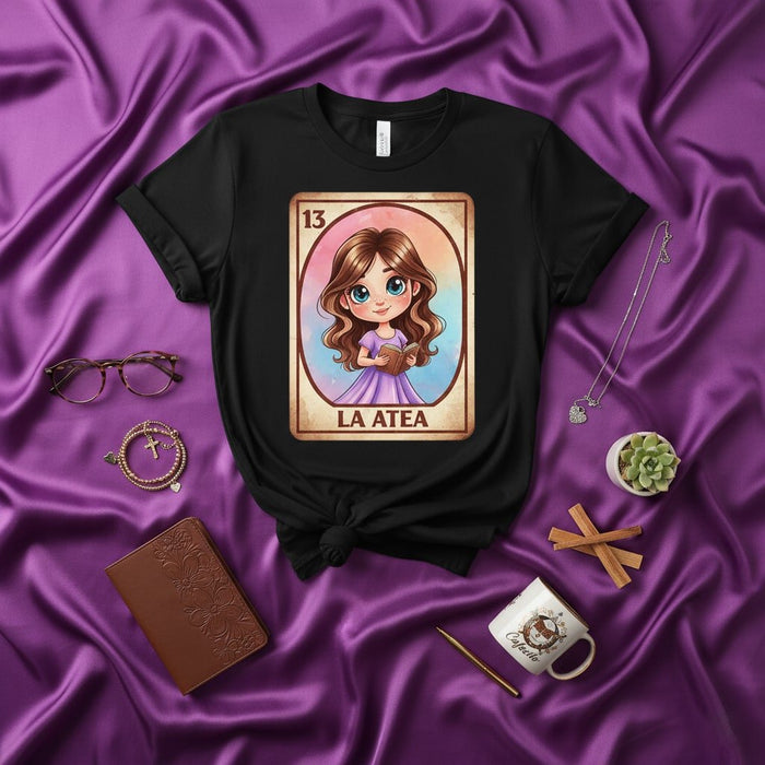 LA ATEA Cute La Loteria Card 13 Unisex T-Shirt - Funny Mexican Bingo Inspired Atheist Woman Shirt, Latina Gift, Dia de Muertos Apparel, Traditional Game Art Tee, Sarcastic Humorous Novelty Clothing