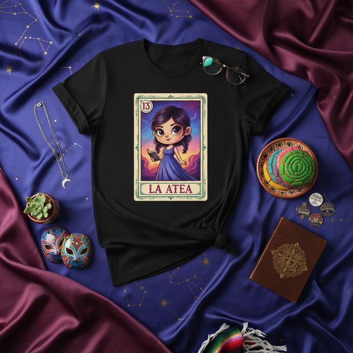 LA ATEA Loteria Card T-Shirt, Cute Cartoon Atheist Girl Design, Mexican Bingo Style Graphic Tee, Unisex Occult Fashion Apparel