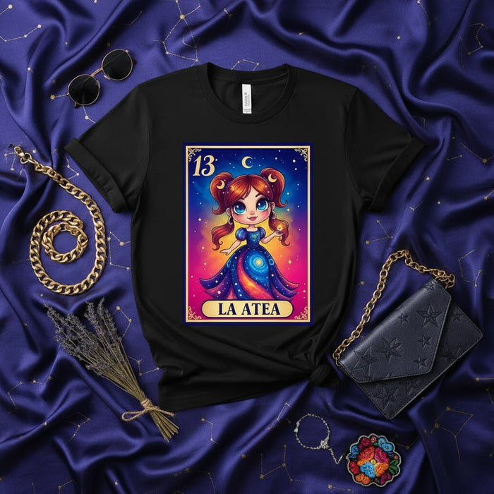 LA ATEA Loteria Card T-Shirt, Cute Atheist Girl Galaxy Dress Design, Celestial Constellation Theme Graphic Tee, Number 13, Unisex Gift Idea