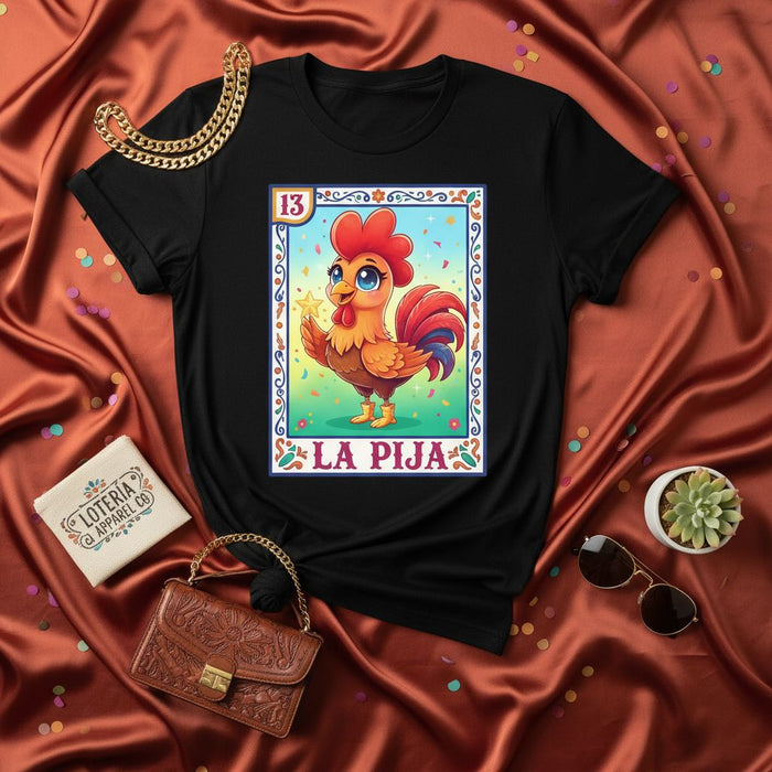 LA PIJA Cute Cartoon Rooster Loteria Card Number 13 Unisex Graphic T-Shirt, Fun Mexican Bingo Game Apparel, Colorful Kawaii Art Tee, Traditional Culture Gift for Men and Women, Novelty Fiesta Outfit Shirt