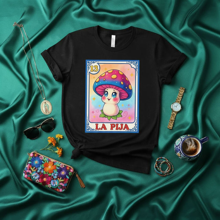 LA PIJA Cute Magic Mushroom Lotería Card T-Shirt Unisex Mexican Bingo Game Number 13 Tee Funny Psychedelic Fungi Art Apparel Gift for Him Her