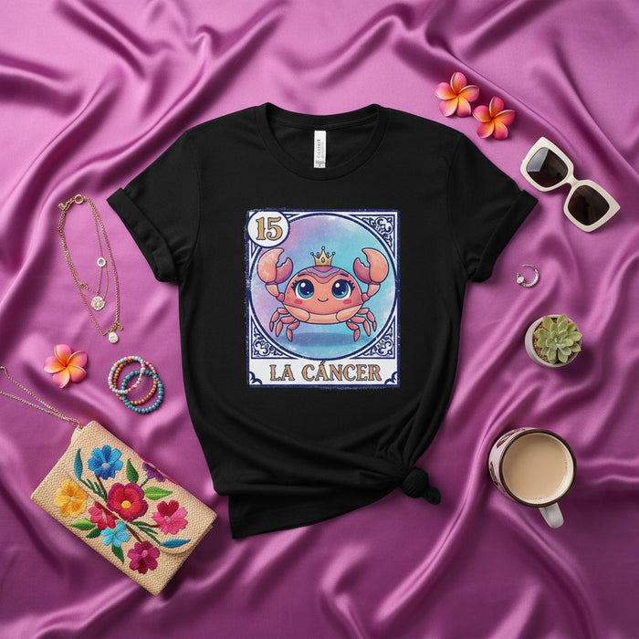 LA CÁNCER 15 Loteria Card T-Shirt Cute Cartoon Crab Crown Zodiac Sign Celestial Astrology Gift for Women Men Unisex Black Tee Shirt for Cancer Birthday Season