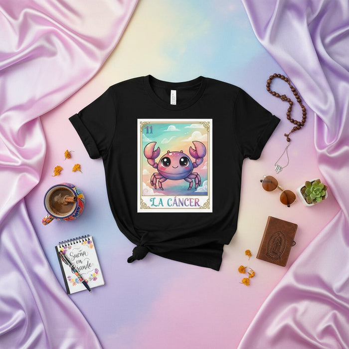 LA CÁNCER Loteria Card T-Shirt: Cute Cancer Zodiac Sign Graphic Tee, Mexican Bingo Inspired Shirt for Horoscope Fans, Unisex Astrology Gift
