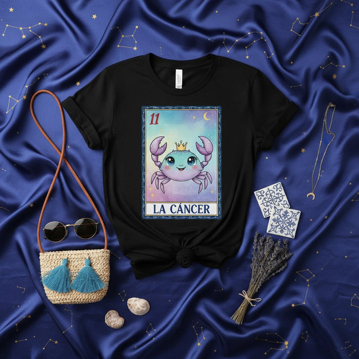 LA CÁNCER Cute Pastel Chibi Cancer Zodiac Sign Loteria Card Number 11 Graphic T-Shirt | Celestial Astrology Starry Night Sky Unisex Tee Shirt Gift for Crab Horoscope Lover
