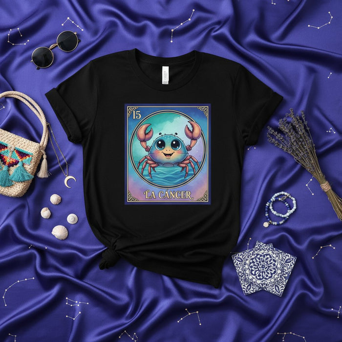 Cancer: Camiseta Carta de Lotería, Cangrejo Lindo Dibujo Animado Signo Zodiacal, Inspirado en Juego de Bingo Mexicano, Regalo Ropa Gráfica Unisex para Amantes de la Astrología
