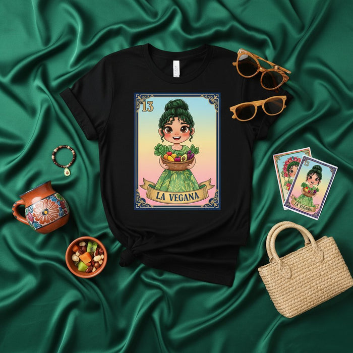 La VEGANA La Lotería Maglietta Vegana, Ispirata al Gioco Messicano del Bingo, Ragazza Carina con Frutta, Regalo per Amanti del Cibo Vegetariano, Numero 13, Maglia Nera Unisex