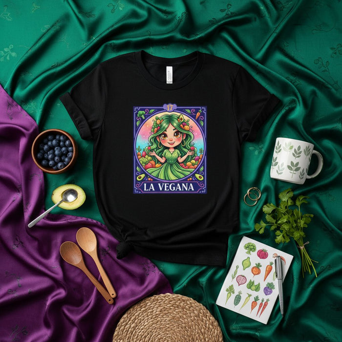 LA VEGANA Maglietta Lotería Card: T-Shirt Grafica Ragazza Vegana, Arte Divertente Ispirata al Bingo Spagnolo, Simpatico Regalo per Amanti del Cibo Vegetariano, Maglietta Nera Unisex