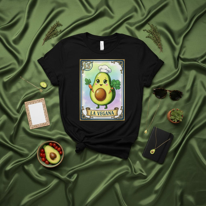 La Vegana Maglietta Carta Loteria con Avocado, Maglietta Grafica Simpatica Chef Vegano, Maglietta Divertente Guacamole Stile Bingo Messicano, Idea Regalo Unisex per Amanti del Cibo Vegetale e Salutare