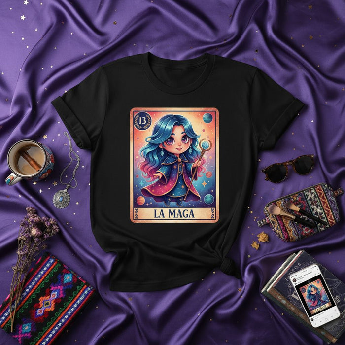 LA MAGA Chibi Tarot Card Style Loteria T-Shirt, Cute Witchy Cosmic Design Unisex Tee, Number 13 Magic Latina Shirt Gift for Her