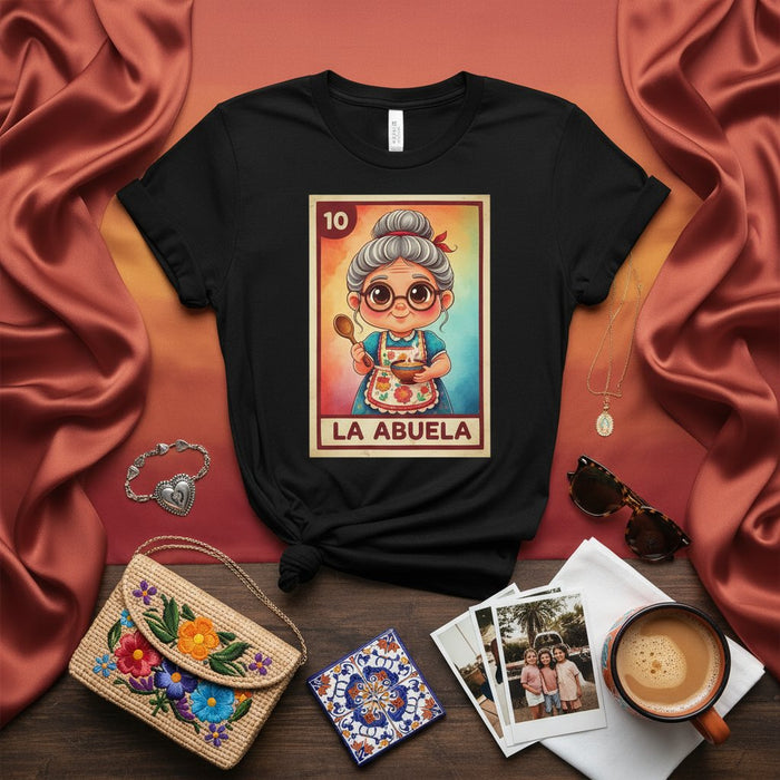 LA ABUELA Funny Mexican Bingo Card T-Shirt - Cute Cartoon Granny with Glasses and Apron, Gift for Grandma, Hispanic Culture Tee, Loteria Inspired Apparel