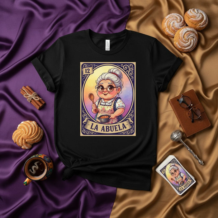 LA ABUELA Funny Mexican Bingo Card T-Shirt - Cute Grandma with Cooking Spoon Graphic Tee - Unisex Hispanic Lotería Game Inspired Gift Shirt for Abuelita, Mother's Day, or Birthday