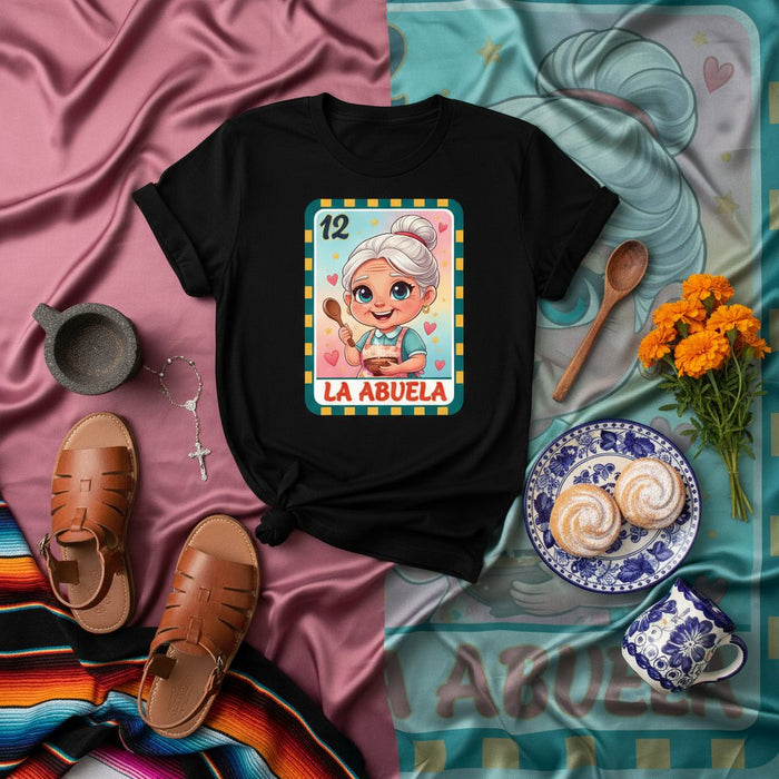 LA ABUELA Funny Cute Mexican Loteria Card Grandmas T-Shirt, Adorable Cartoon Abuela with Cooking Spoon Graphic Tee, Unisex Lotería Style Family Apparel Gift