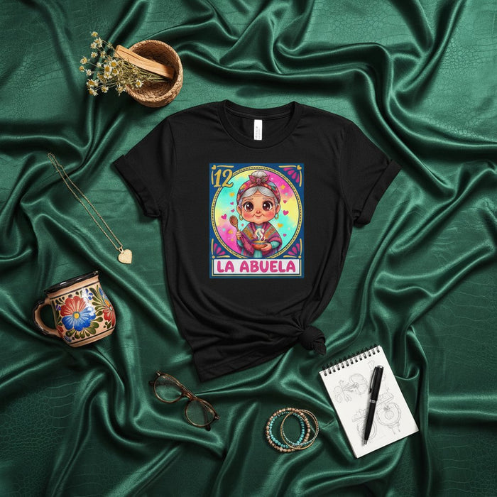 LA ABUELA La Loteria Card T-Shirt: Number 12 Mexican Bingo Grandmother Abuela Unisex Tee with Colorful Digital Art Print for Grandparents Day Gift