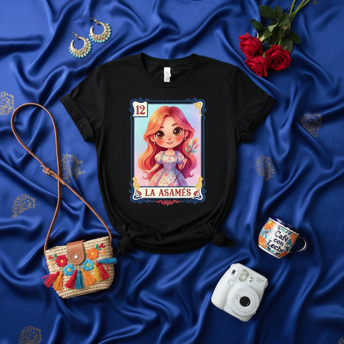 La Asamés Loteria Card 12 T-Shirt, Cute Redhead Woman Floral Dress Mexican Bingo Game Tee, Unisex Graphic Shirt Gift Idea for Her