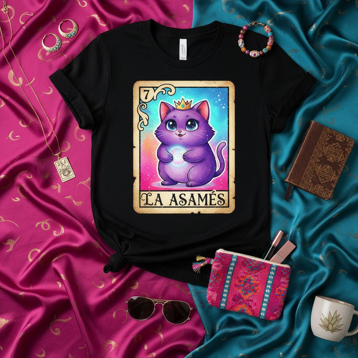 La Asamés Loteria Card Shirt, Cute Purple Cat Kitten King with Crown, Pastel Galaxy Background, Funny Spanish Game Art Unisex T-Shirt Tee