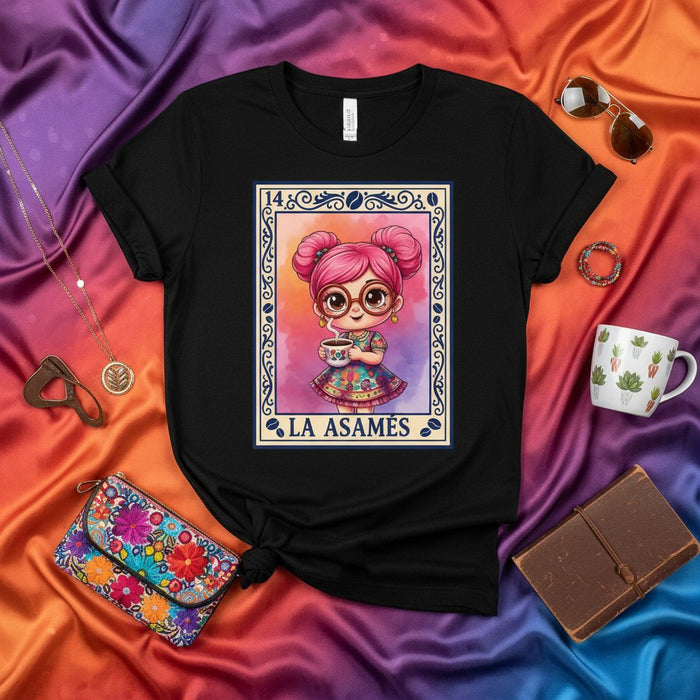 LA ASAMÉS Cute Pink Hair Girl Coffee Mug Loteria Card Design Unisex T-Shirt Gift for Coffee Lovers and Mexican Culture Fans