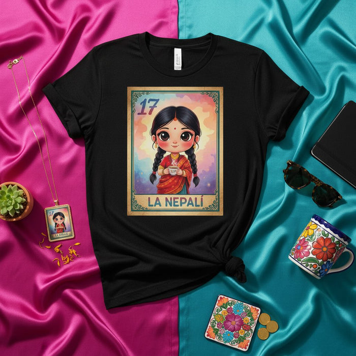 LA NEPALÍ Loteria Card Style T-Shirt, Cute Nepali Girl with Coffee Design, Bingo Game Inspired Tee, Unisex Graphic Shirt, Nepal Culture Art Print Top