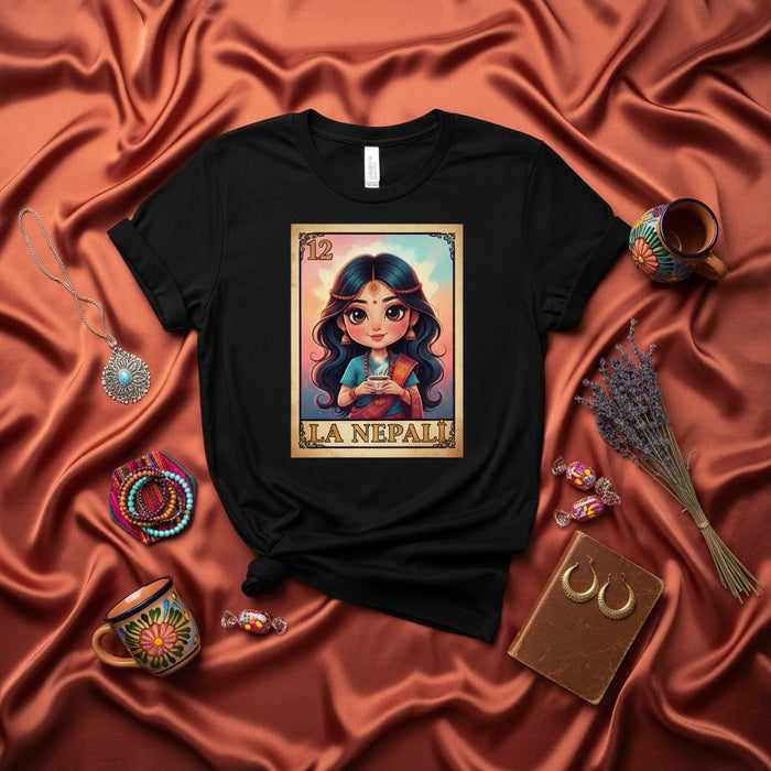 LA NEPALI T-shirt Unisex - Stampa artistica Lotería Card 12 ragazza nepalese carina, design ispirato alla cultura e alla tradizione, regalo unico per lei