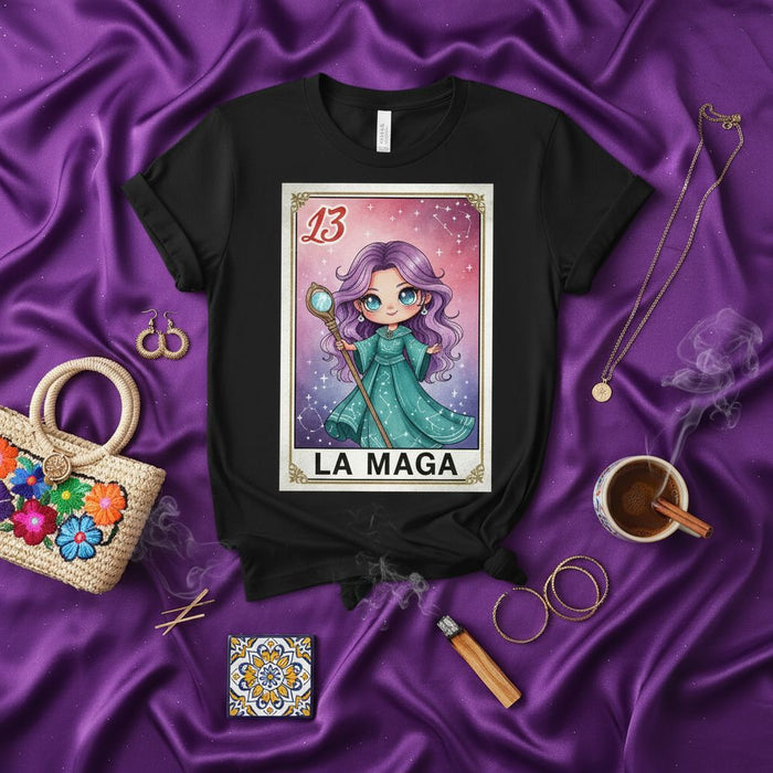 LA MAGA Lotería Card T-Shirt, Cute Chibi Sorceress Witch Graphic Tee, Mystical Zodiac Constellation Tarot Style Mexican Bingo Shirt, Number 13