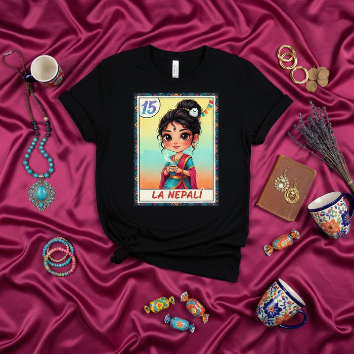 LA NEPALÍ Cute Nepali Girl Anime Style Loteria Card T-Shirt, South Asian Culture Inspired Unisex Tee, Unique Nepali Heritage Graphic Shirt