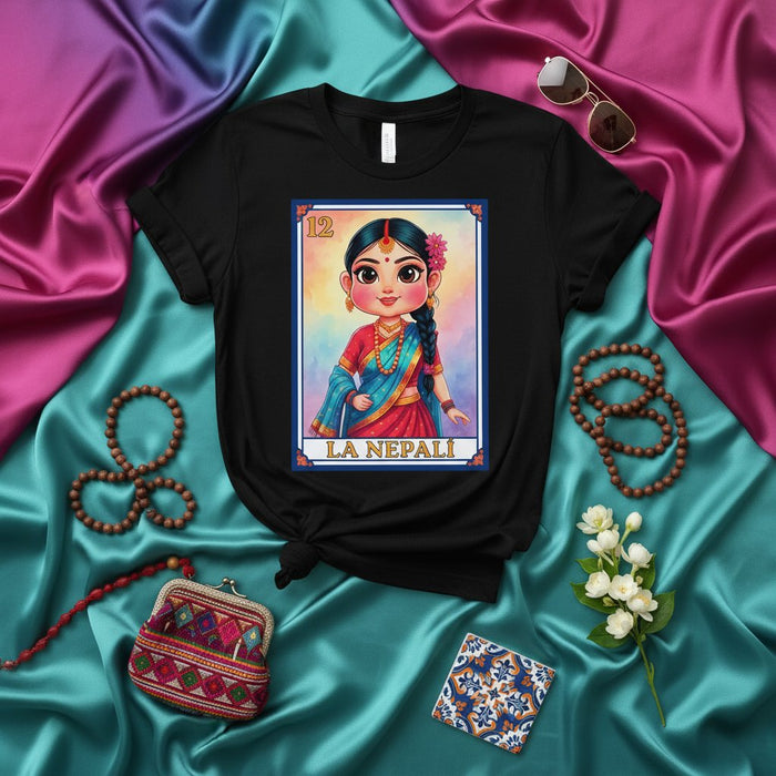 LA NEPALI Nepali Girl Loteria Card T-Shirt Cute Cartoon Design Unisex Graphic Tee South Asian Heritage Culture Shirt