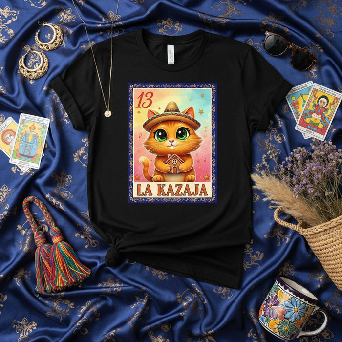 LA KAZAJA Cute Cat in Sombrero Loteria Card Number 13 Graphic Tee - Unisex Black T-Shirt with Mexican Game Art Design and Kawaii Kitten Holding a House - Perfect Gift for Cat Lovers and Fans of La Calavera