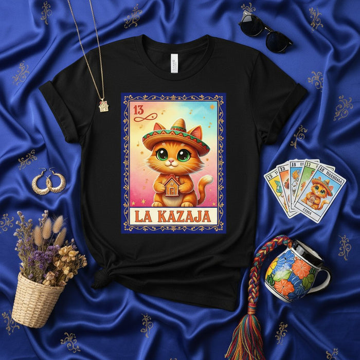 LA KAZAJA Cute Ginger Cat Sombrero Lotería Card $13$ T-Shirt - Mexican Fiesta Funny Kitten Graphic Tee Unisex Short Sleeve Top Gift Idea