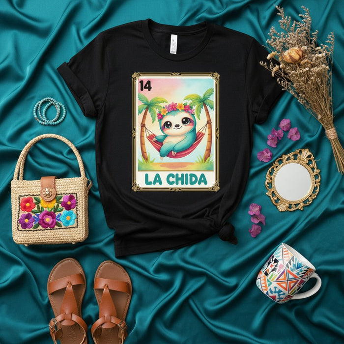 LA CHIDA Sloth Loteria Card T-Shirt: Funny Cute Sloth in Hammock Palm Trees Tropical Design Unisex Tee, Mexican Bingo Inspired Graphic Shirt, Number 14 La Dama Parody