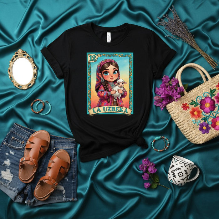 LA UZBEKA Uzbek Girl Lamb Loteria Card Graphic T-Shirt | Mexican Bingo Game Folk Art Tee | Uzbekistan Culture Heritage Gift | Cute Cartoon Style Unisex Shirt