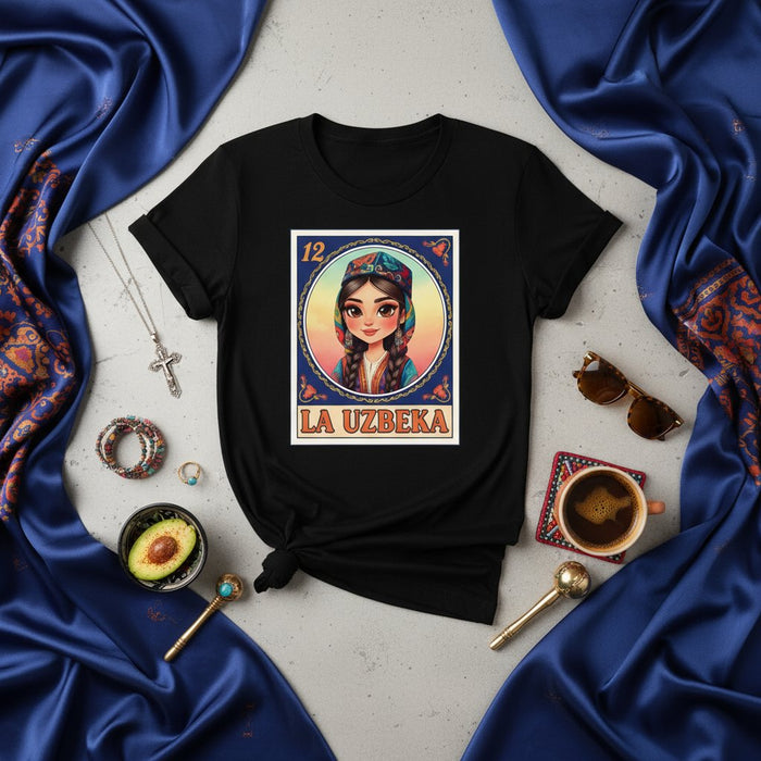 T-Shirt Unisex Ragazza Uzbeka Cartolina Lotteria Uzbekistan Design Folk Art Maglietta Ispirata al Bingo Messicano Latina Regalo