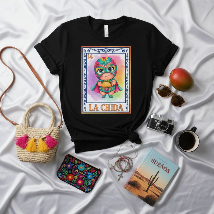 LA CHIDA Loteria Card T-Shirt, Cute Lucha Libre Wrestler Baby Design, Mexican Bingo Game Art, Unisex Graphic Tee Gift, Number 14