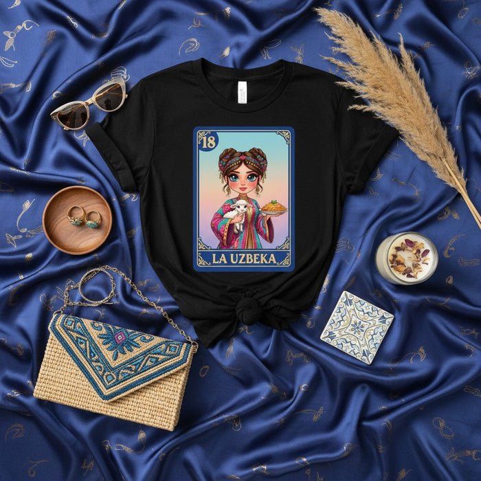 LA UZBEKA Uzbek Girl Loteria Card T-Shirt, Uzbekistan Plov Dish and White Sheep Tee, Traditional Folk Art Style Graphic Shirt, Unique Cultural Heritage Design Unisex Top