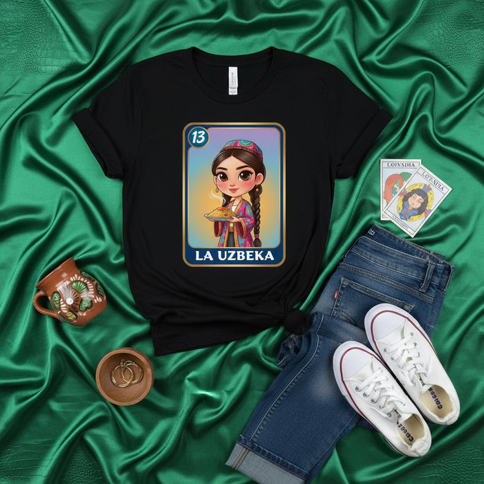 LA UZBEKA Uzbek Girl Loteria Card T-Shirt with Cartoon Style Art, Central Asian Culture Folk Art, Funny International Theme Tee, Unisex Graphic Shirt, Novelty Gift Idea