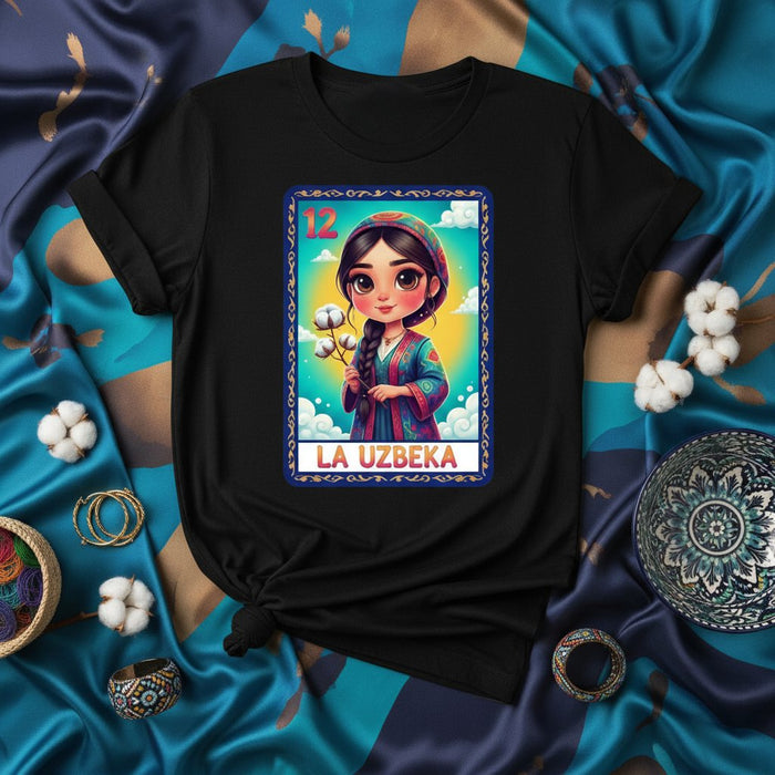 LA UZBEKA Uzbek Girl Loteria Card T-Shirt Unisex Uzbekistan Cotton Plant Folk Art Design Tee Short Sleeve Black Top Cute Cartoon Style Gift Idea