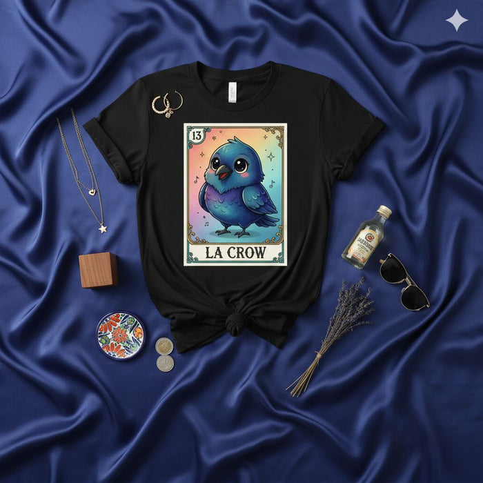 LA CROW Loteria Card T-Shirt, Cute Rainbow Bird Design, Number 13 Mexican Bingo Game Tee, Unisex Graphic Shirt, Blue Crow Funny Parody Apparel