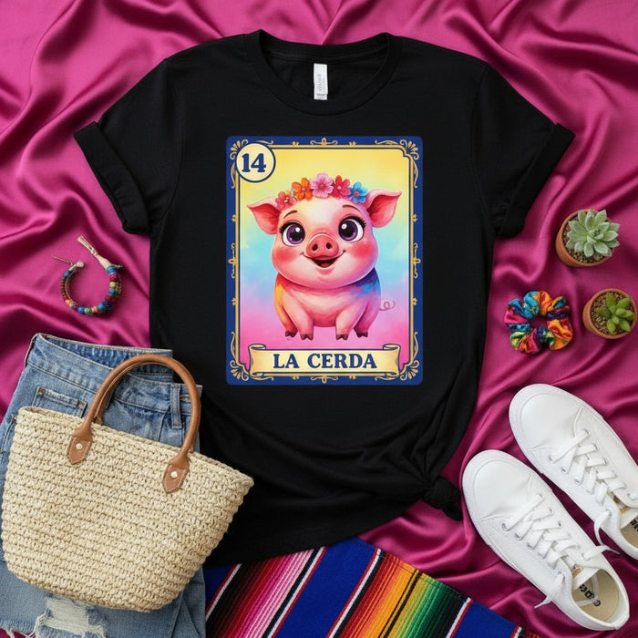 LA CERDA Cute Watercolor Pig Loteria Card T-Shirt, Unisex Mexican Bingo Game Graphic Tee, Fun Floral Crown Hog Shirt, Number 14