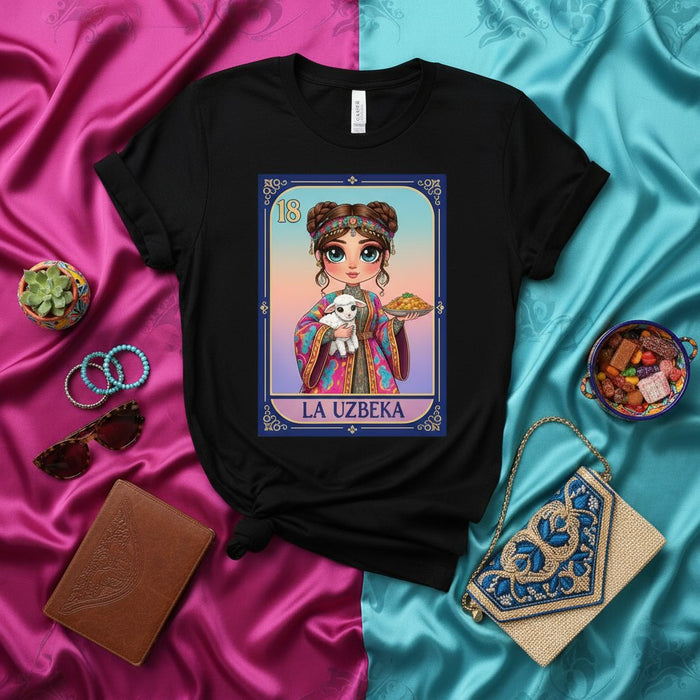 LA UZBEKA Uzbek Girl Loteria Card T-Shirt, Central Asian Woman Holding Lamb and Pilaf, Unique Folk Art Inspired Unisex Tee, Card 18 Design