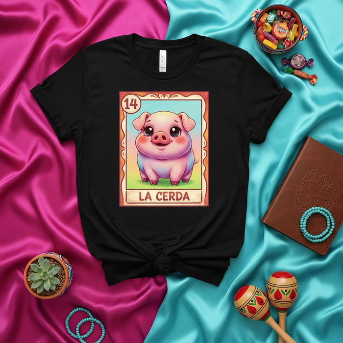 LA CERDA Loteria Card T-Shirt Cute Pink Pig Design Unisex Graphic Tee Mexican Bingo Game Day Apparel Gift for Women & Men