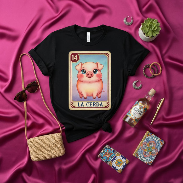 La Cerda Cute Pig Loteria Card T-Shirt - Number 14 Mexican Bingo Game Design Unisex Tee - Latinx Heritage Gift Idea