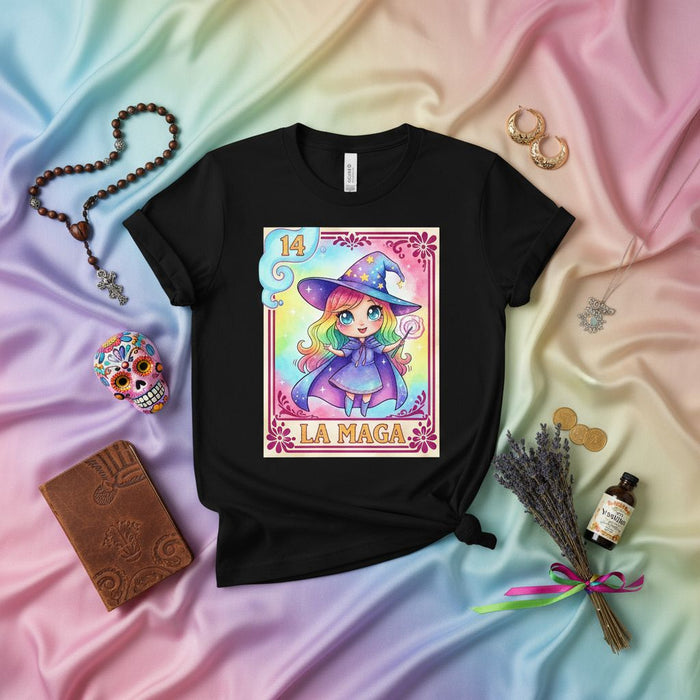 LA MAGA Cute Rainbow Witch Girl Loteria Card T-Shirt Unisex Mexican Bingo Style Graphic Tee Magical Gift Idea