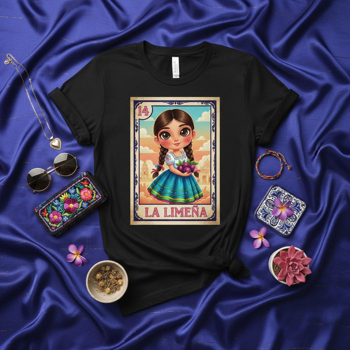 LA LIMEÑA Cute Peruvian Girl Graphic Tee, Number 14 La Lotería Card T-Shirt, Traditional Dress Folklore Art Print, Cultural Game Inspired Unisex Shirt, Birthday Gift Idea